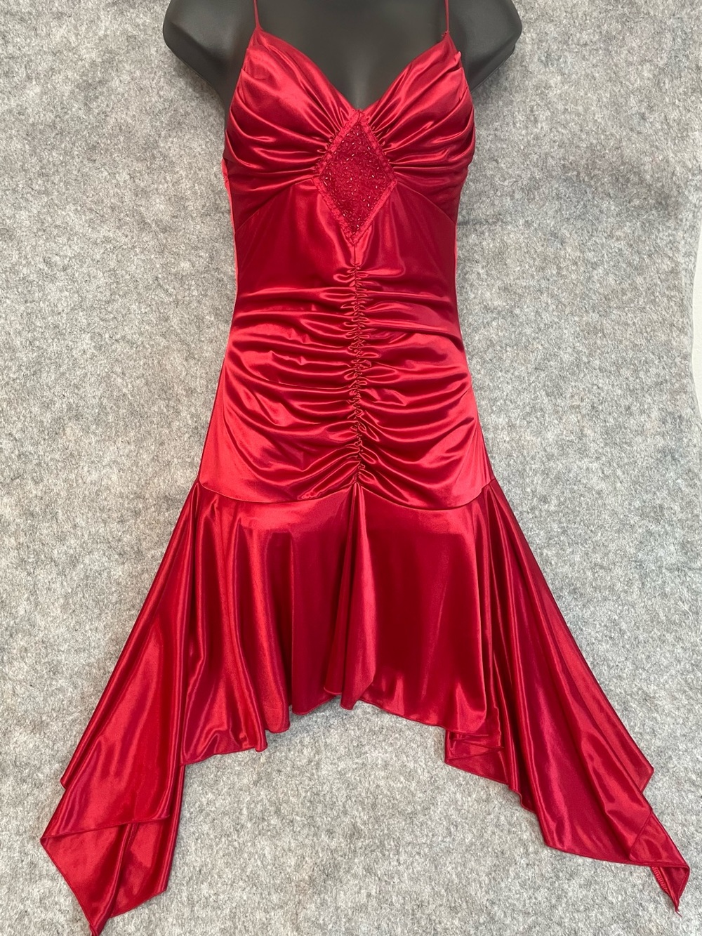 My Michelle Red Y2K Dress Beaded Fairy Pixie Handkerchief Hem Ruched Salsa Prom